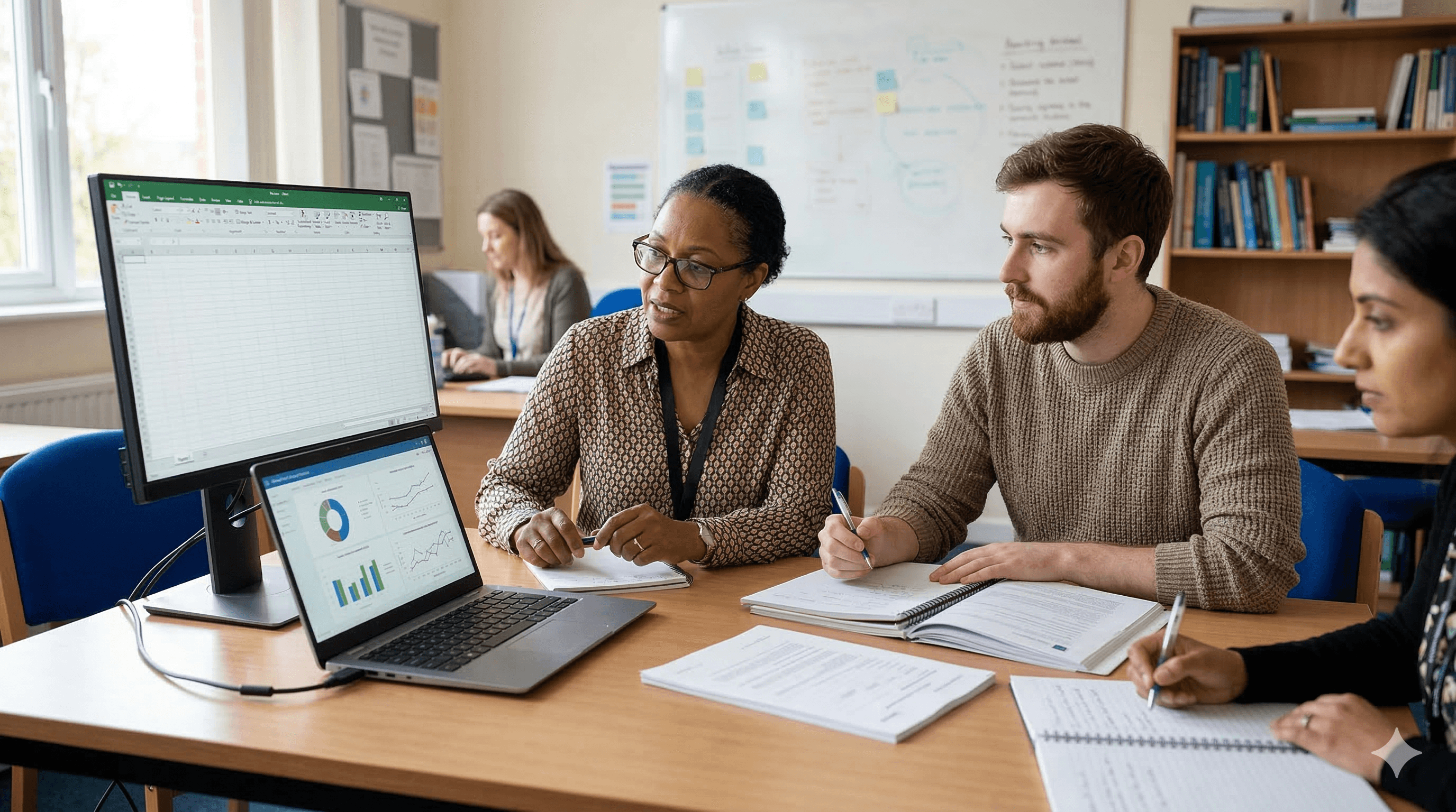 In a well-lit classroom, diverse colleagues focus intently on a computer screen displaying charts and graphs, collaboratively discussing strategies for learning outcomes measurement and the impact of AI, with notebooks and documents spread across the wooden table.