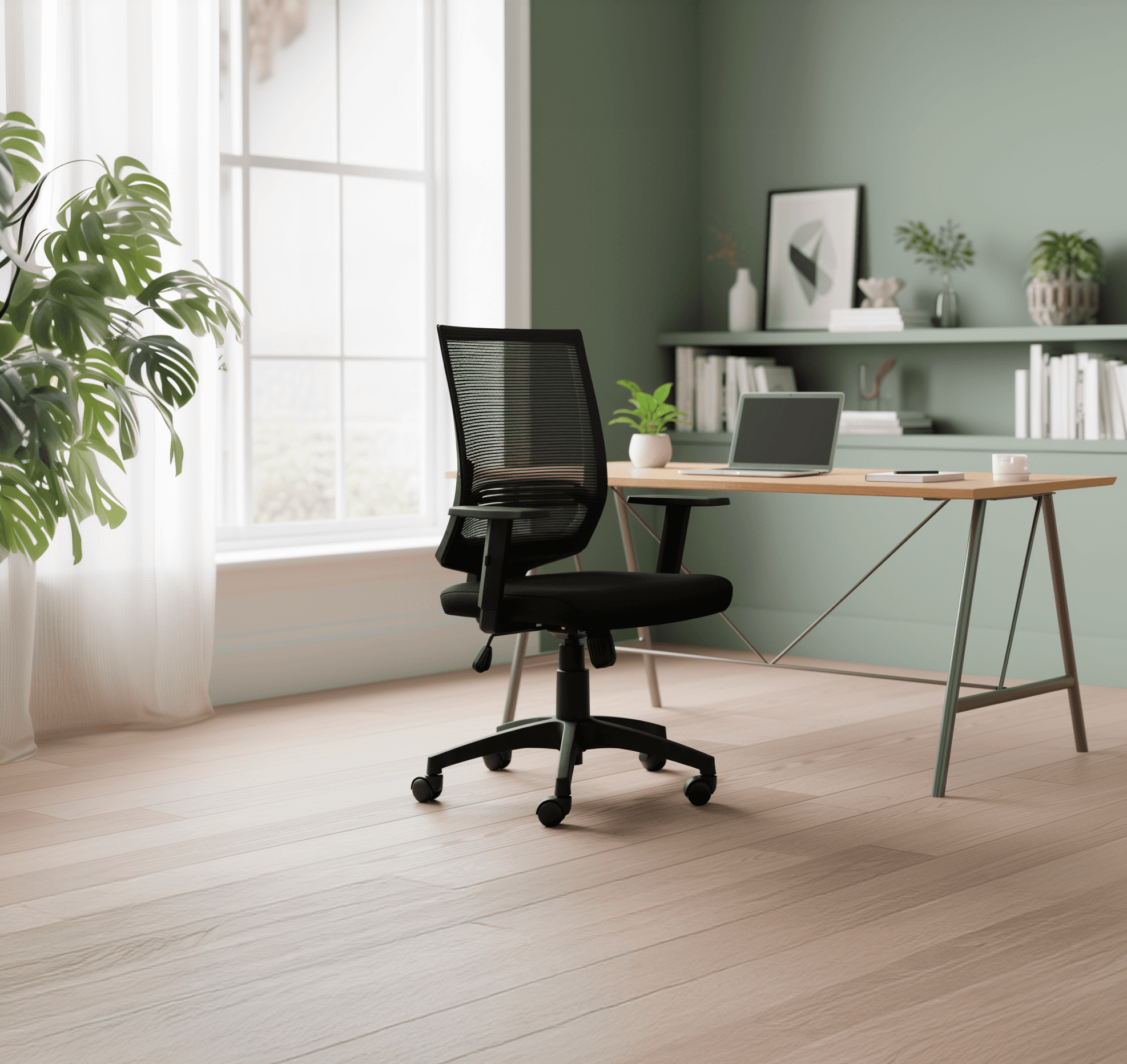 A modern home office featuring a black swivel chair, wooden desk, and plants against a green wall.