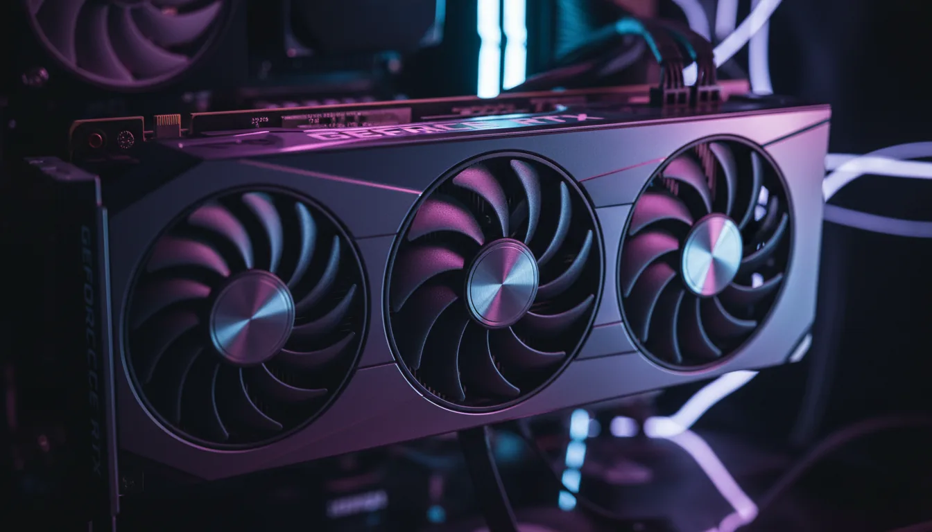 DSLR macro photograph of a high-end PC graphics card with three fans, viewed from a dynamic low angle. The scene is lit with dramatic, cinematic contrast, with vibrant magenta and cool blue light reflecting off the sleek, polished metal shroud. Sharp focus is on the central fan, revealing its curved blades and textured hexagonal hub, while the background is softly blurred with a shallow depth of field.