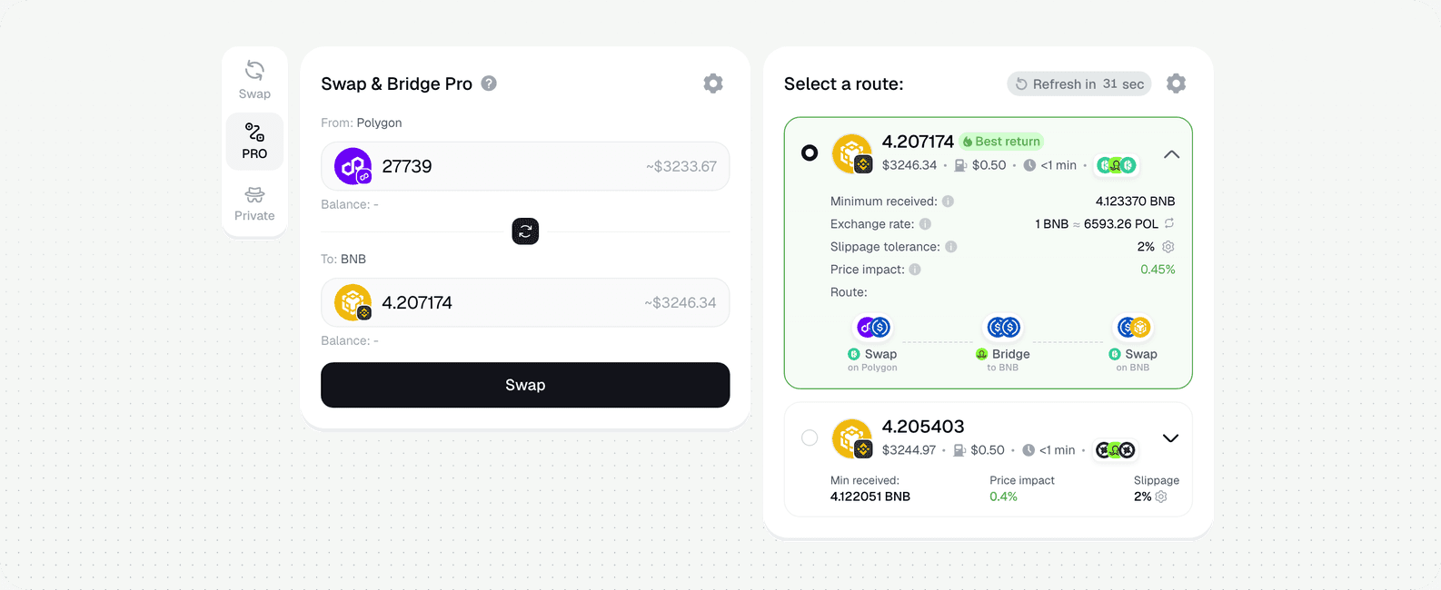 Polygon to BNB Chain Bridge — live route in PRO mode: 27,739 POL (Polygon) to 4.207 BNB (BNB Chain) · Symbiosis