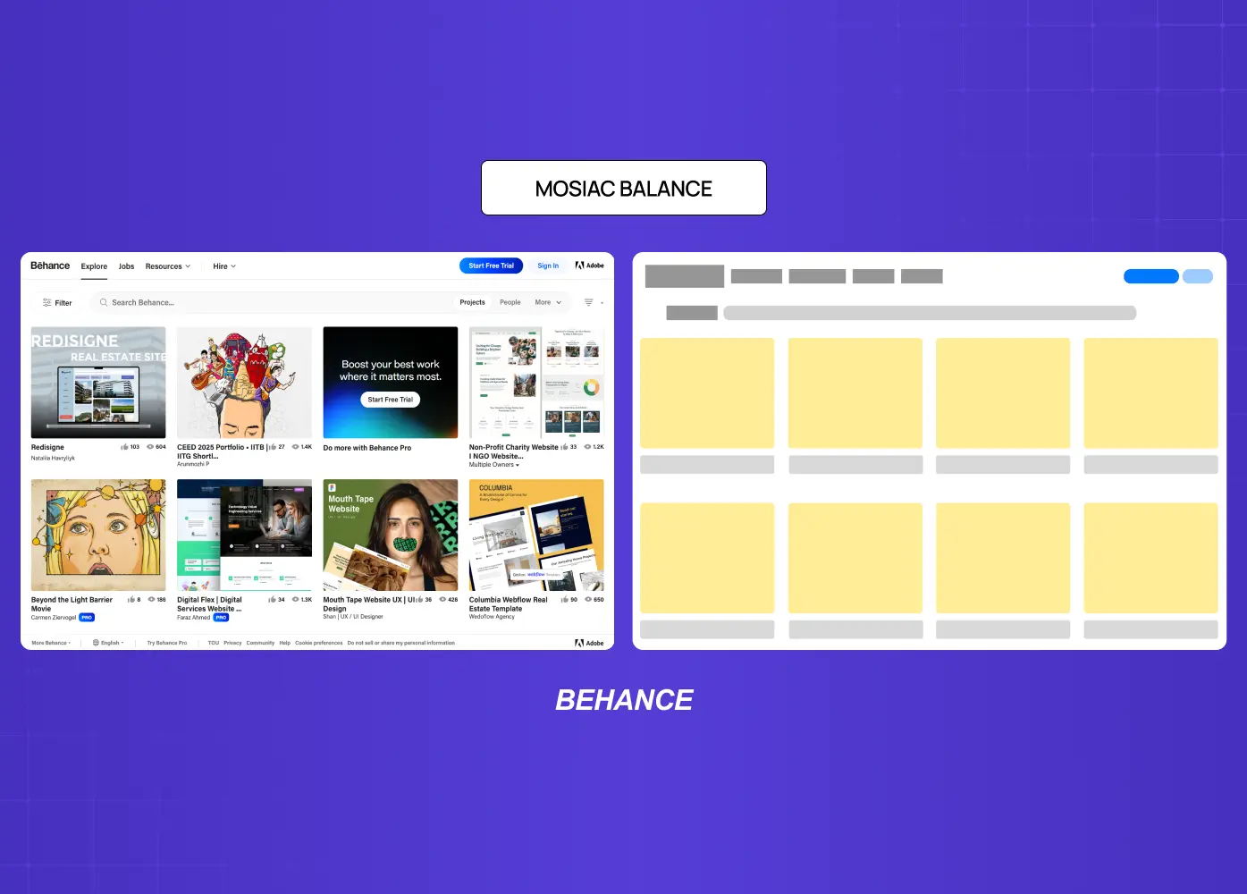 Grid-based interface showcasing mosaic balance through the arrangement of multiple content cards of similar visual weight across the screen.
