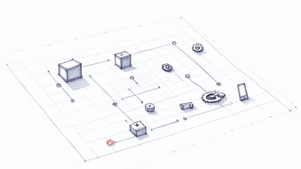 An illustrated magnifying glass examining a website on a laptop screen, symbolizing a technical site audit.