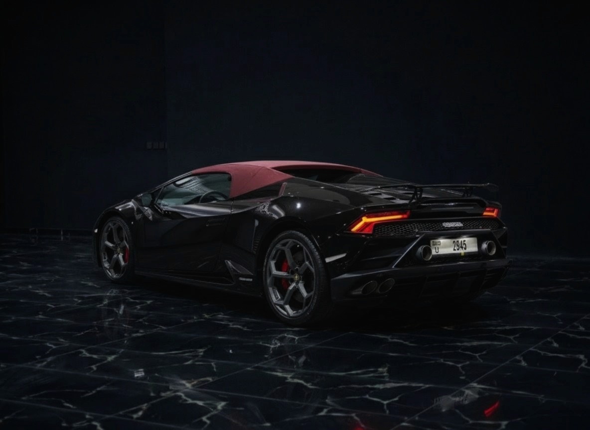 Rear view of Lamborghini Huracan EVO Spyder AWD rental in Dubai