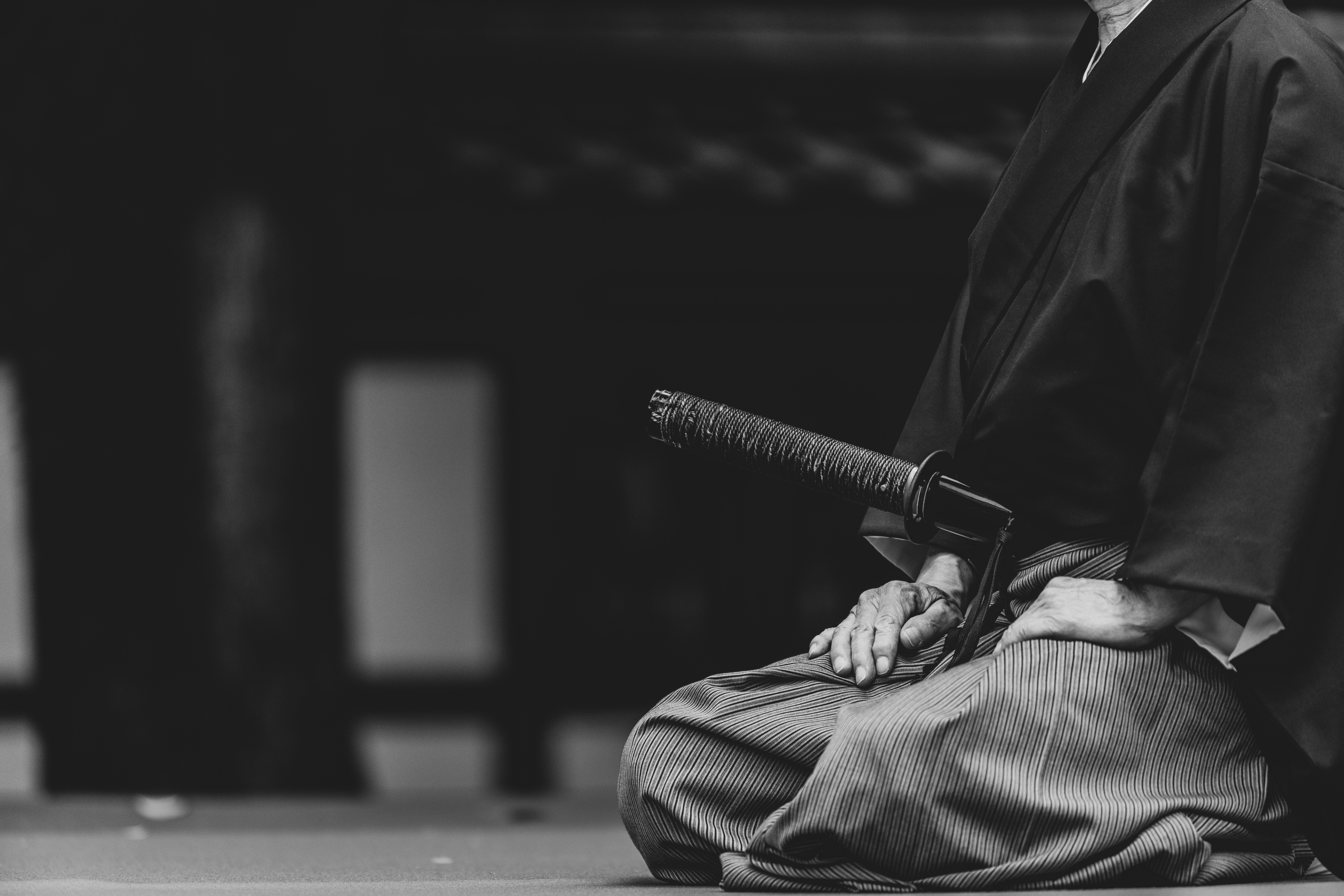 Pratiquant de Iaido à genoux, tenant son sabre dans une posture traditionnelle.