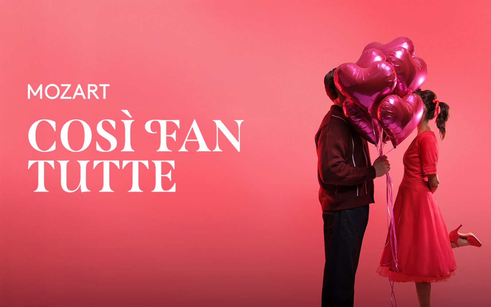 Mozart's "Così fan tutte" promotional image with couple and heart balloons.