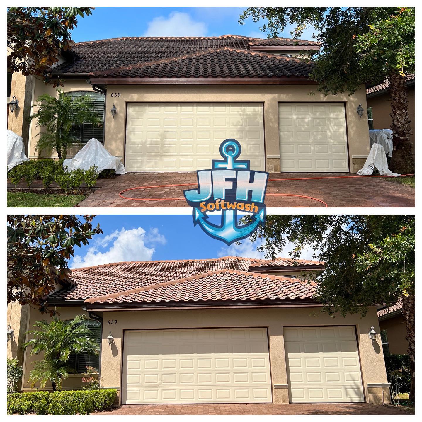 before and after picture of a roof cleaning