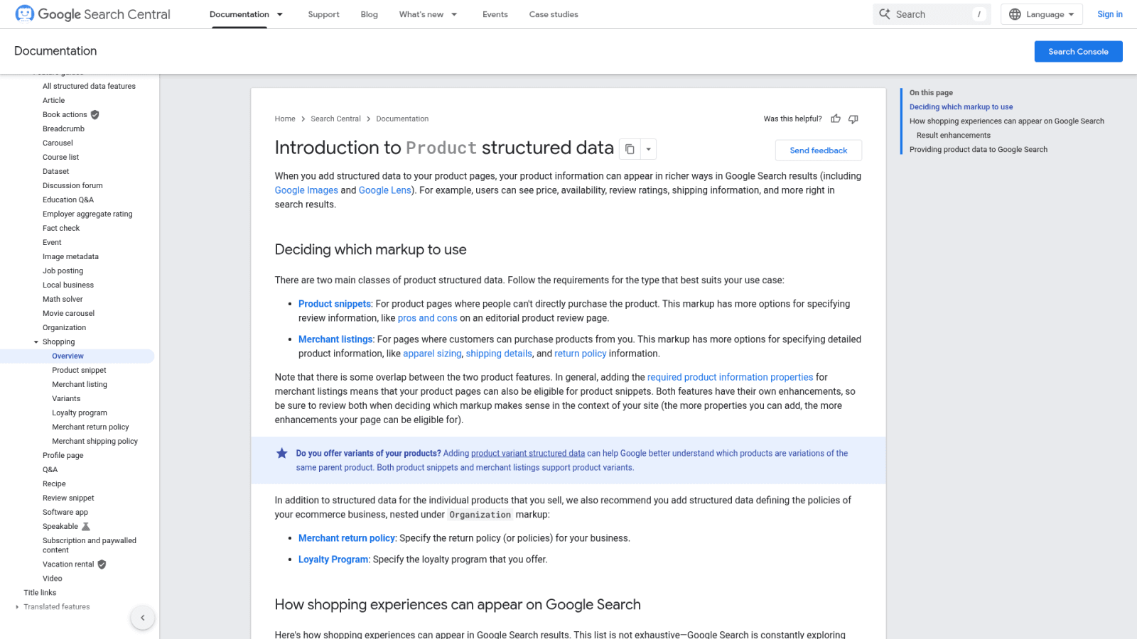 Google Product structured data documentation