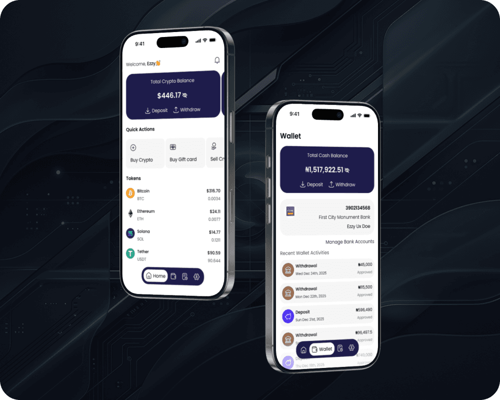 Ezzy Exchange fintech mobile app designed by Israel Oye featuring homescreen and wallet dashboard flows.