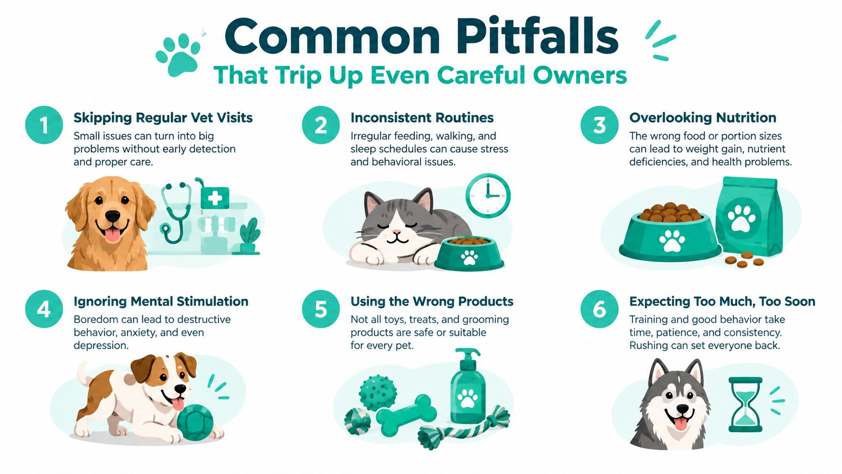 An infographic titled Common Pitfalls listing six common mistakes pet owners make regarding animal care.