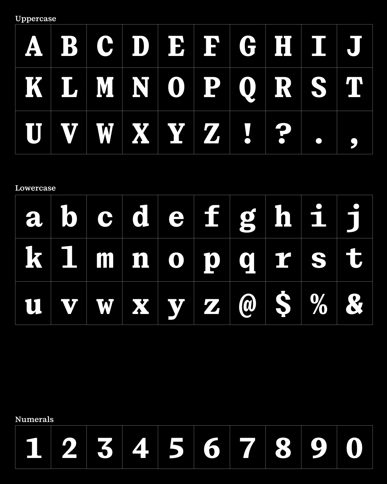 Alfold Mono alphabet specimen showing uppercase and lowercase character set
