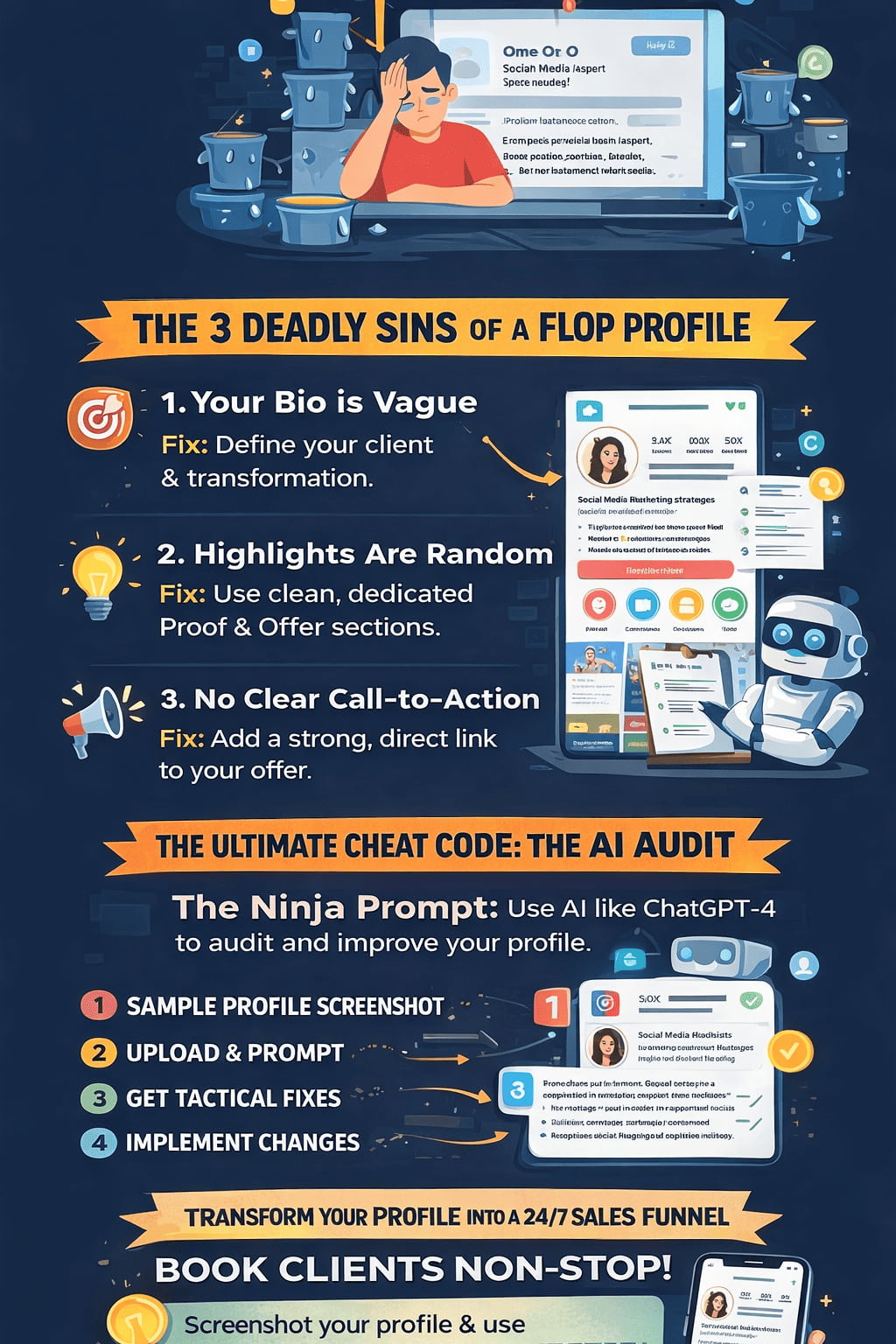 Vertical 9:16 infographic explaining how a poorly optimized Instagram profile hurts business and how to fix it with AI. The top shows a stressed creator overwhelmed by content. The middle section lists “The 3 Deadly Sins of a Flop Profile”: a vague bio, random story highlights, and no clear call-to-action, each paired with a clear fix. The lower section introduces “The Ultimate Cheat Code: The AI Audit,” showing steps to screenshot a profile, upload it to AI, get tactical recommendations, and implement changes. The bottom emphasizes transforming an Instagram profile into a 24/7 sales funnel that consistently books clients.