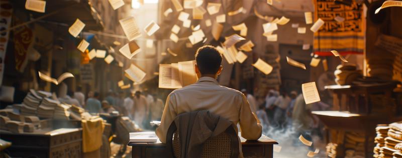 Man at a desk with several papers flying around him.
