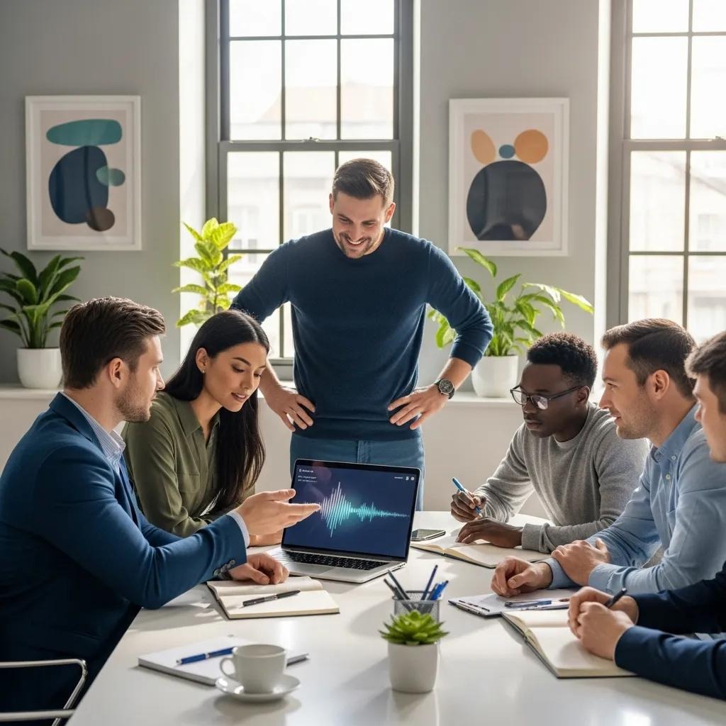 Sales professionals collaborating on AI voice technology in a modern office