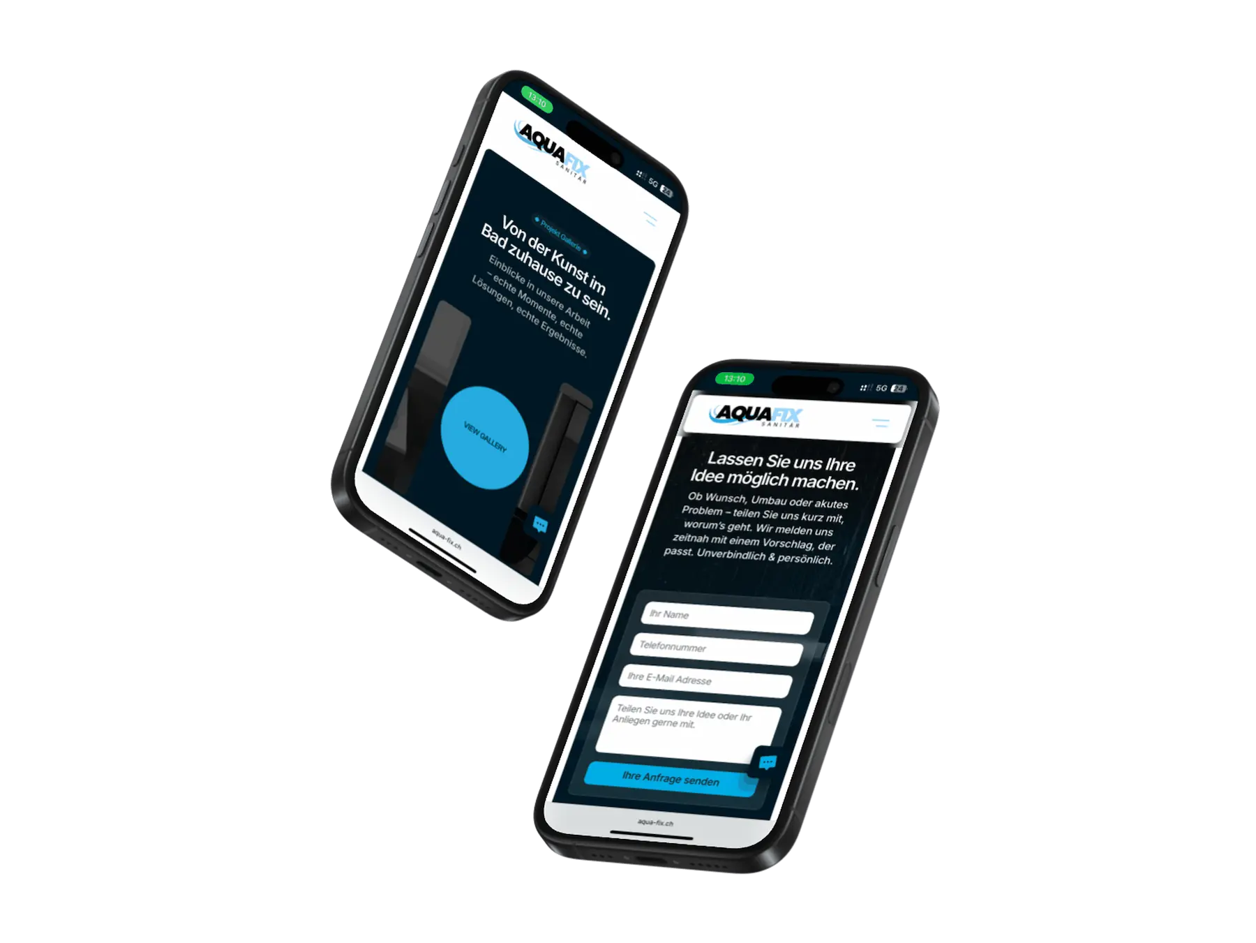 Mock-Up von zwei iPhone geräten mit der Aqua-Fix Webseite