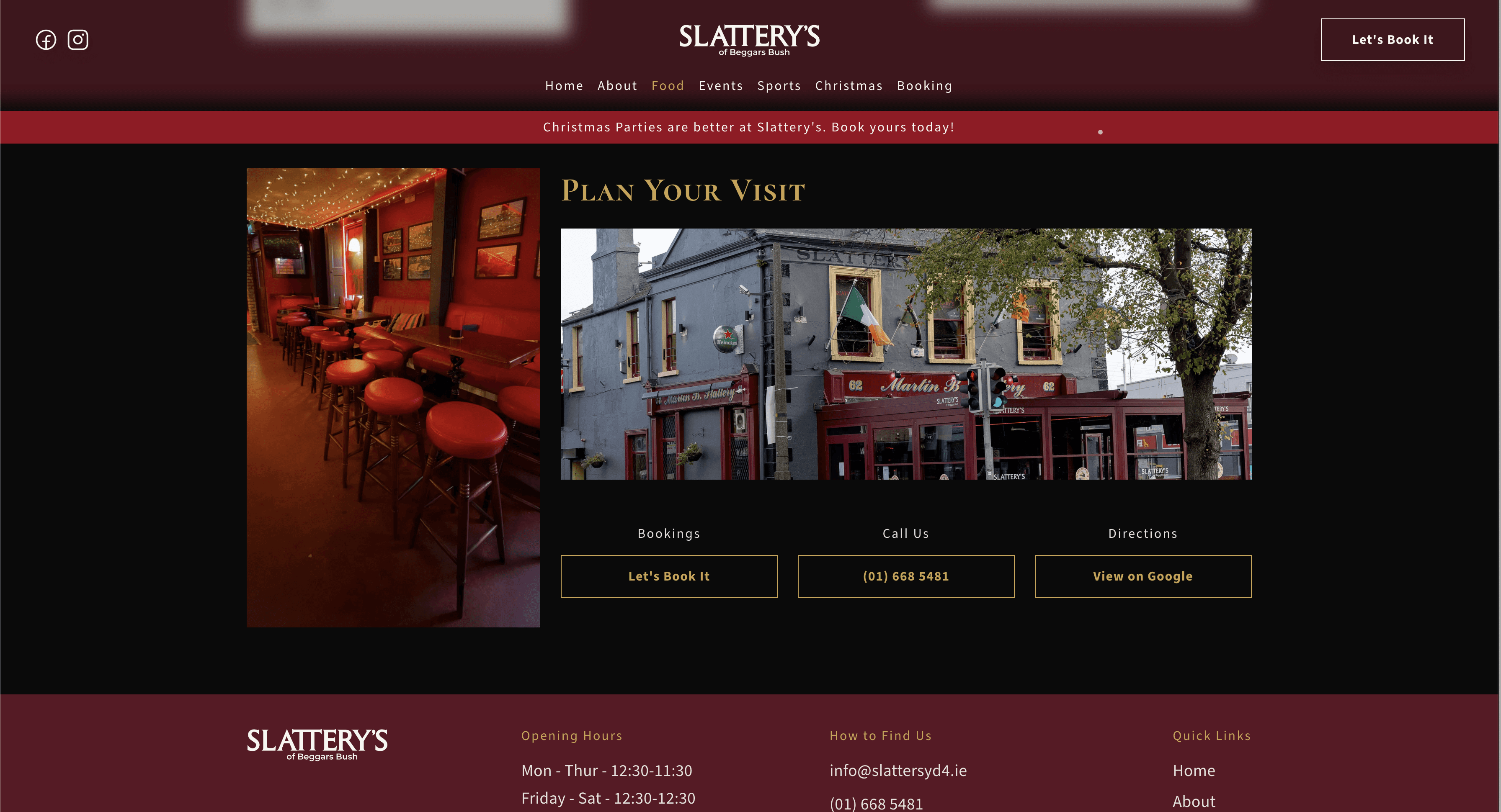 Plan your visit UI for Slattery's Bar in Dublin 4.