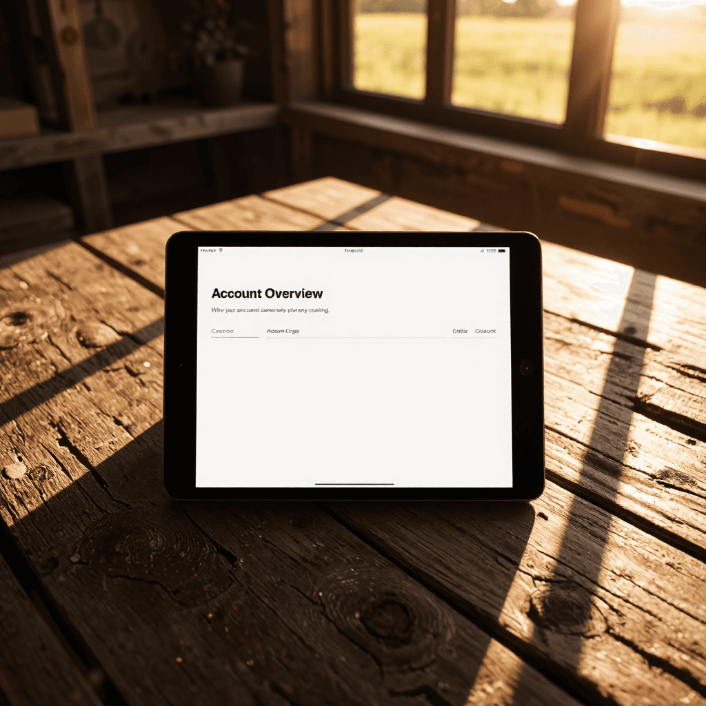 product photography of tablet screen displaying an account overview