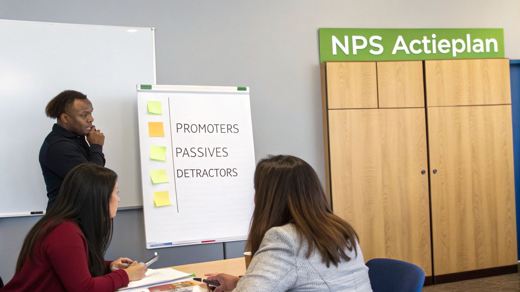 Mensen bespreken NPS-categorieën (promoters, passives, detractors) op een whiteboard in een vergaderruimte.