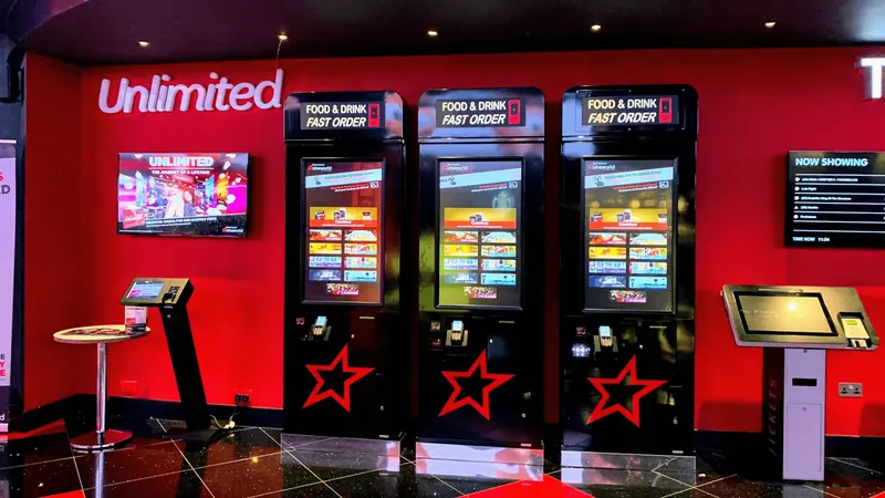 Three ordering kiosks at cineworld cinemas