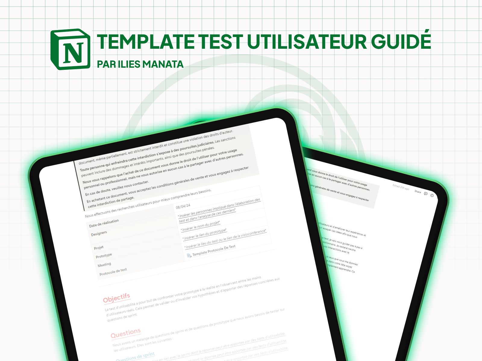 Présentation de la template Test Utilisateur Guidé  créée par Ilies MANATA freelance Ux / Ui Designer et Développeur Framer