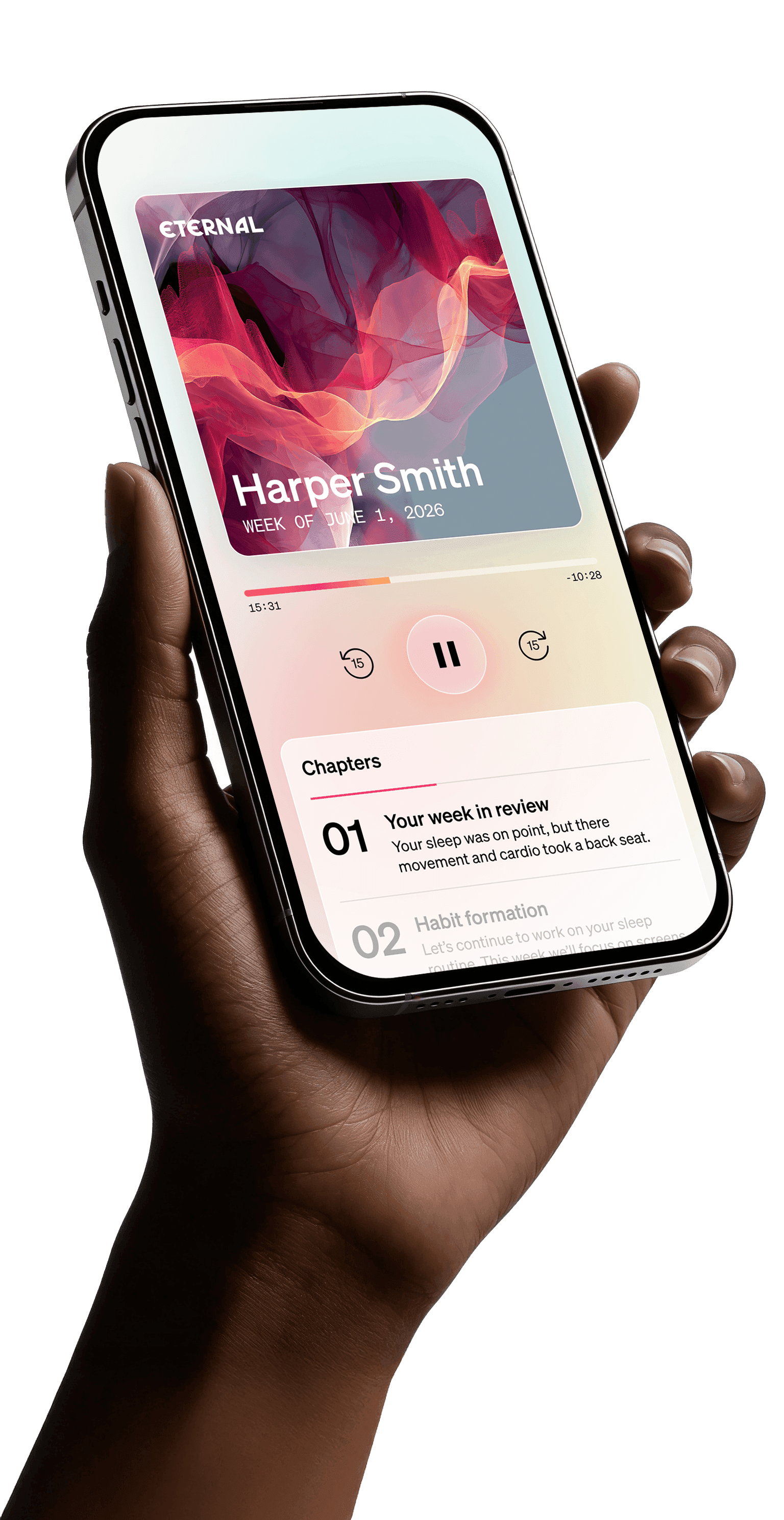 Eternal app interface showing personalized health dashboard on iPhone
