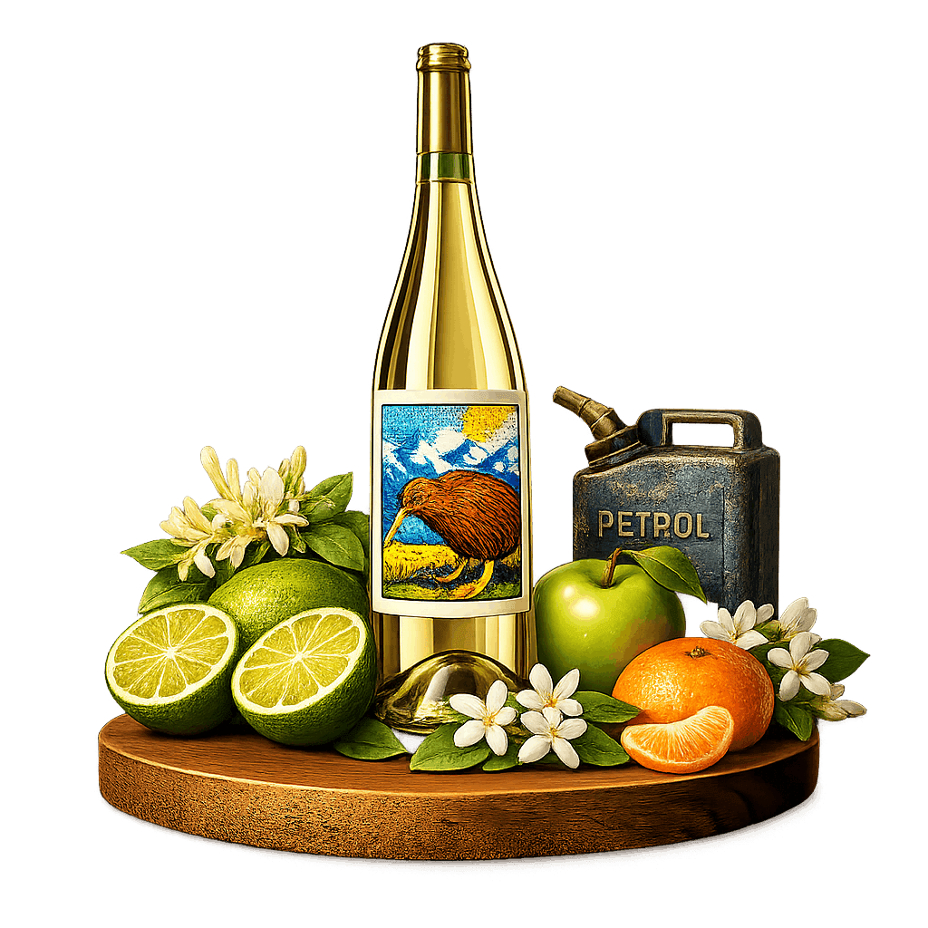 Artistic label and flavor profile for New Zealand Riesling on a rustic wooden table.