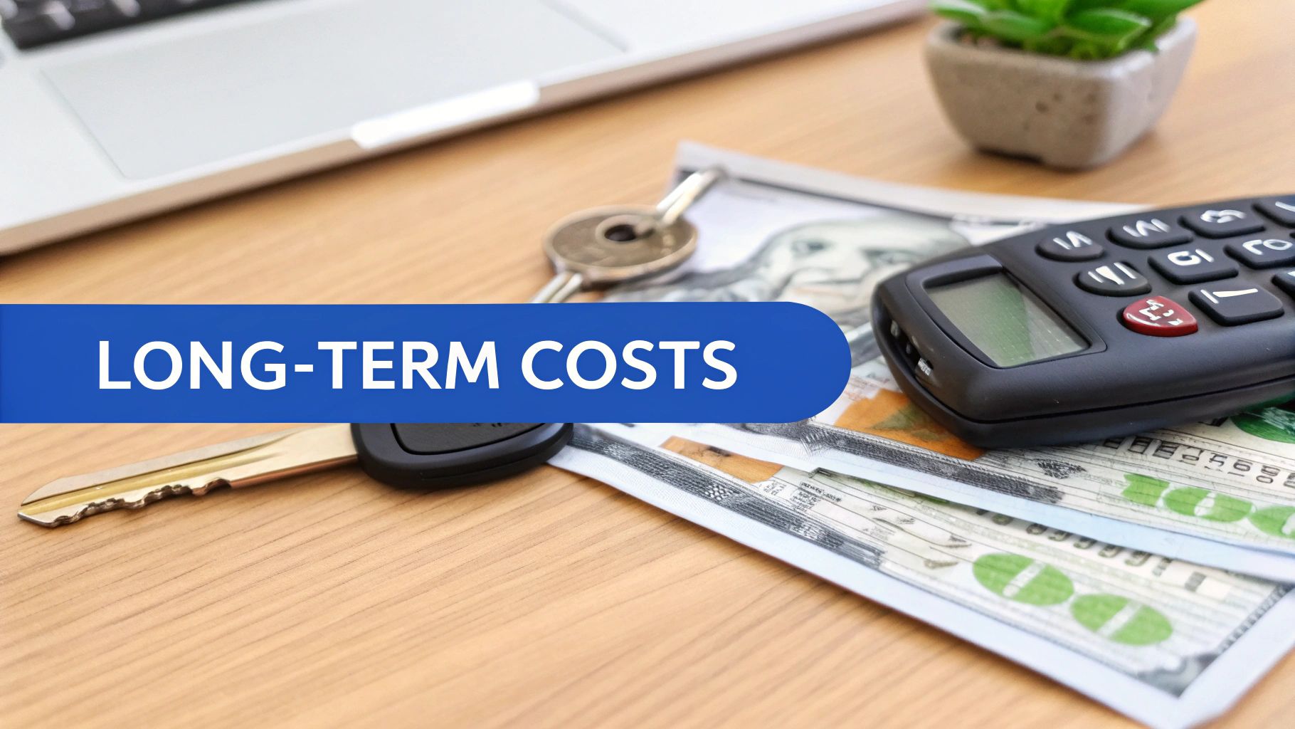 A banner displaying 'LONG-TERM COSTS' over keys, dollar bills, and a calculator on a desk.