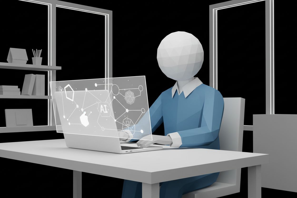 A salesperson using AI tools on a laptop in a modern office