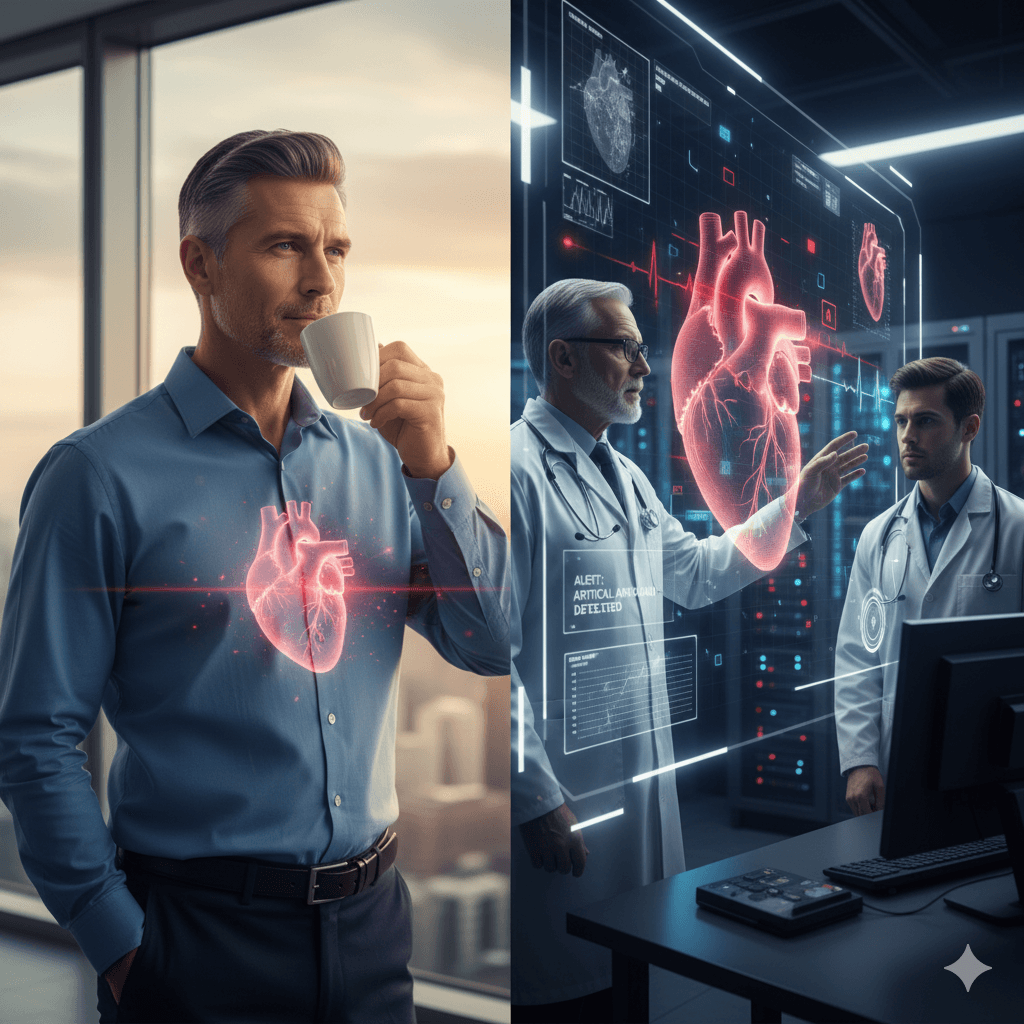 Image contrasting personal health awareness (a man with a glowing heart) with advanced medical diagnosis (doctors analyzing a holographic heart display).
