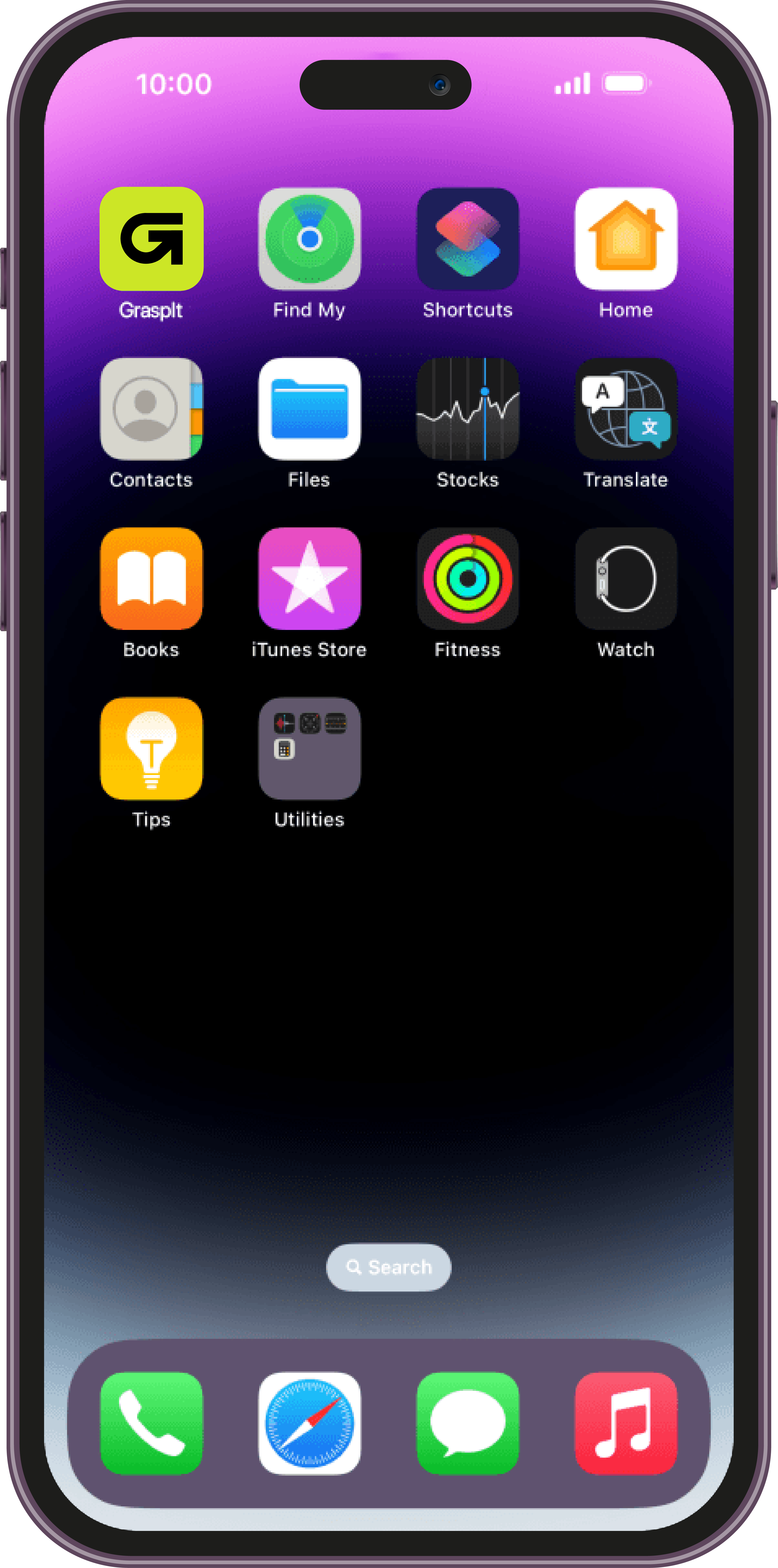 A modern smartphone displaying a colorful home screen with various app icons including GraspIt app icon shortcuts, home, files, stocks, translate, books, iTunes Store, tips, utilities, and a search bar at the bottom.