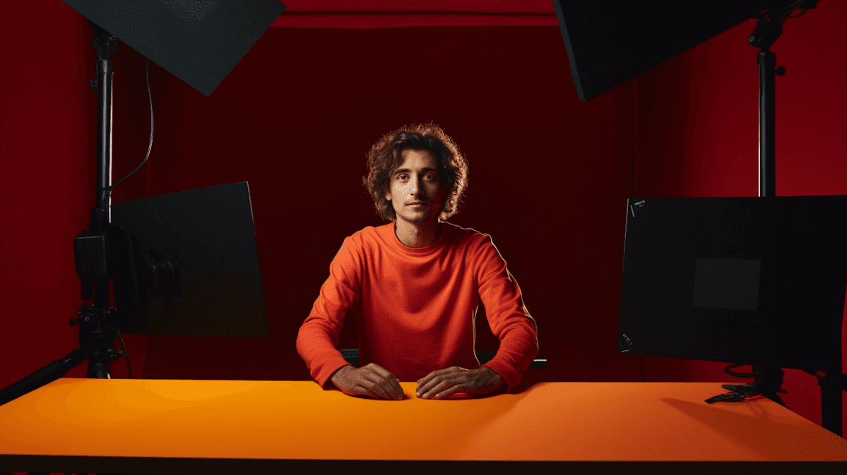 Person sitting in the studio orange walls present person looking to the laptop