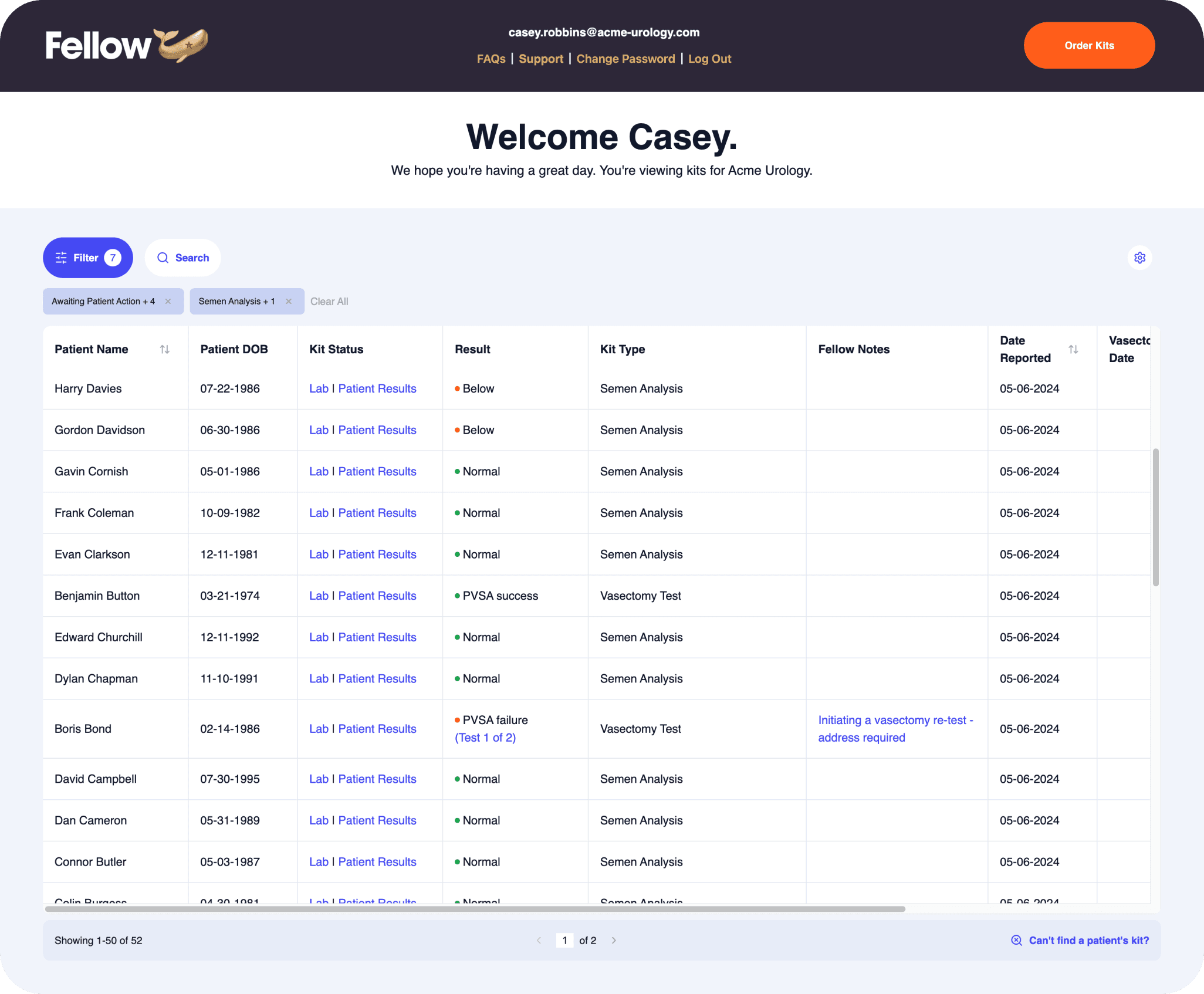 A screenshot of the Fellow clinic portal, showing semen samples in different statuses, tied to patient information
