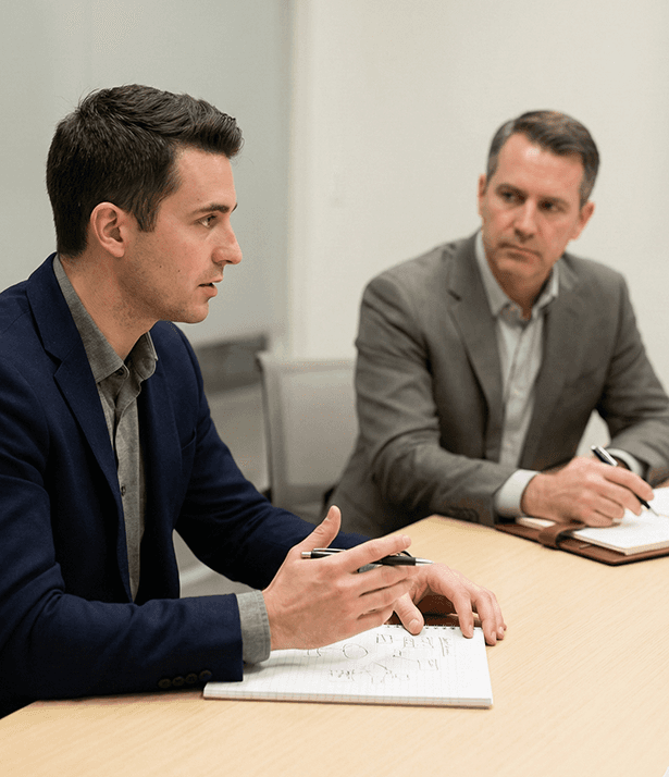 three men laughing while looking in the laptop inside room