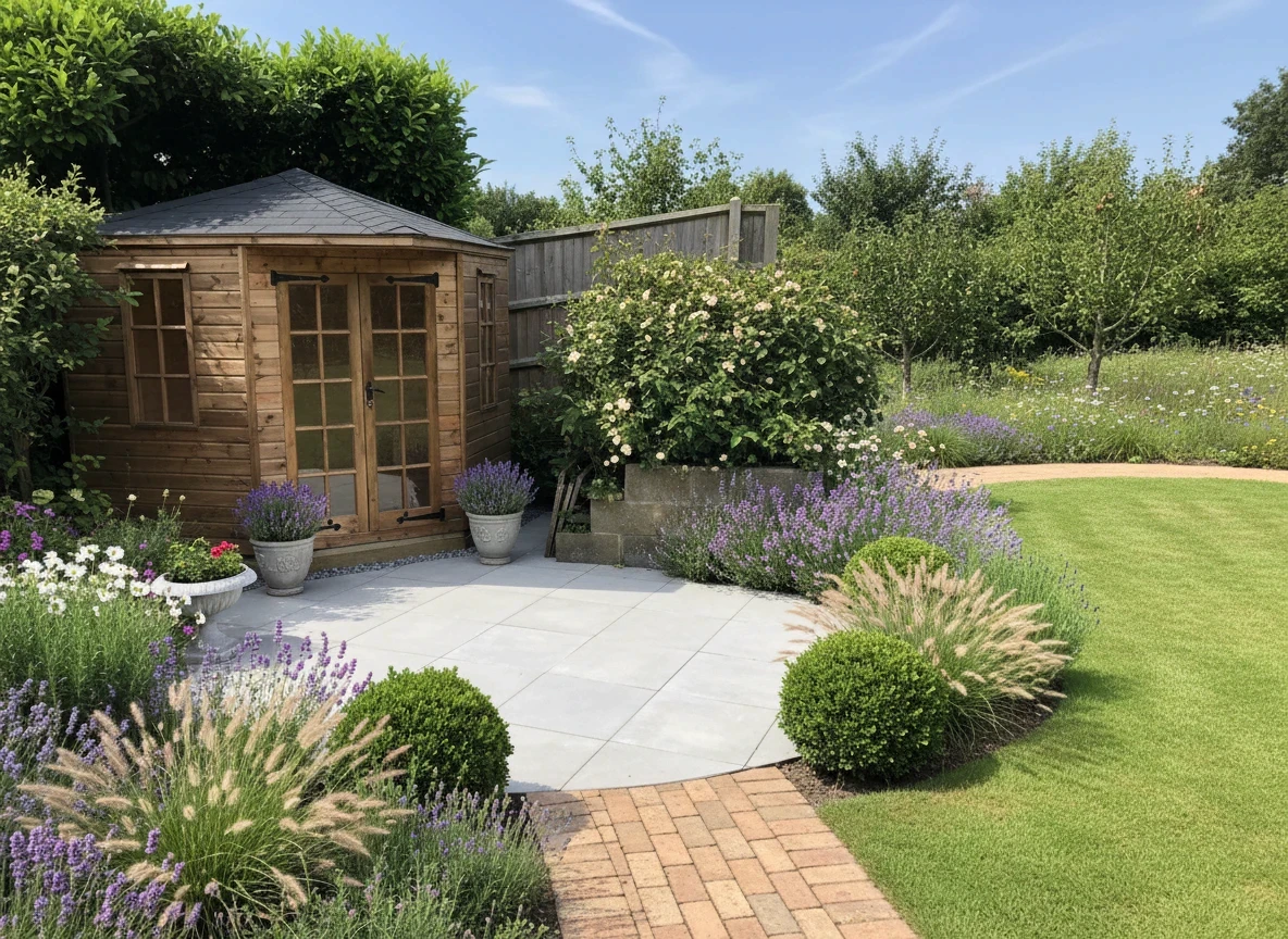 Corner summerhouse with slate roof beside a patio