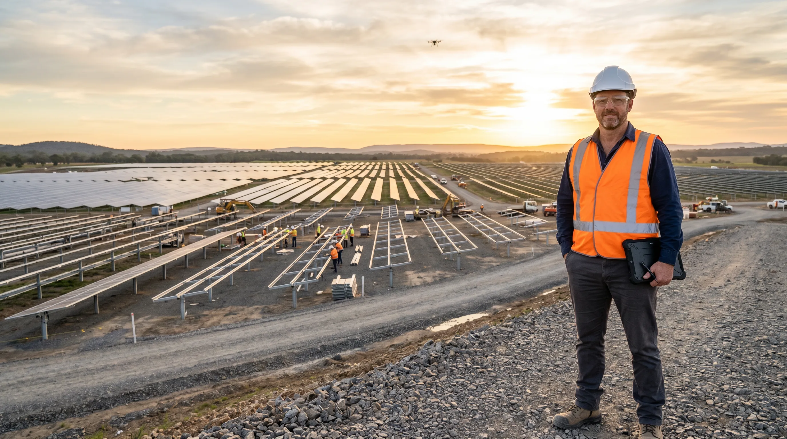 Engineer in safety gear standing beside solar panels at sunset on a solar farm site.