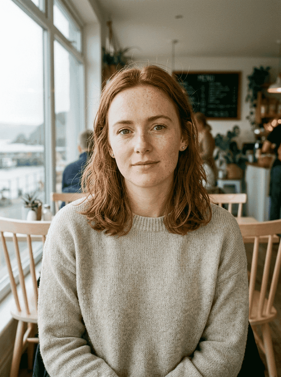 A woman with red hair and a gray sweater sits at a wooden table in a cozy cafe with large windows, showcasing scenic views and soft, natural lighting.