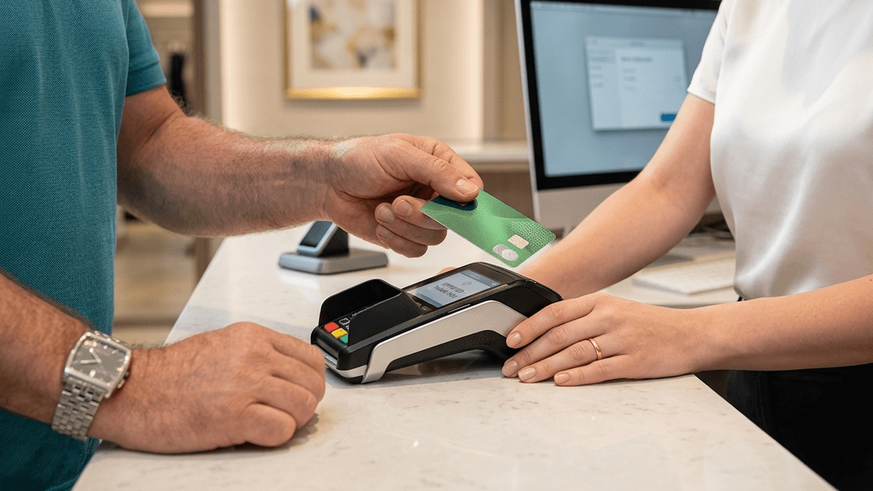 A customer pays for their purchase at the register using a bank card.