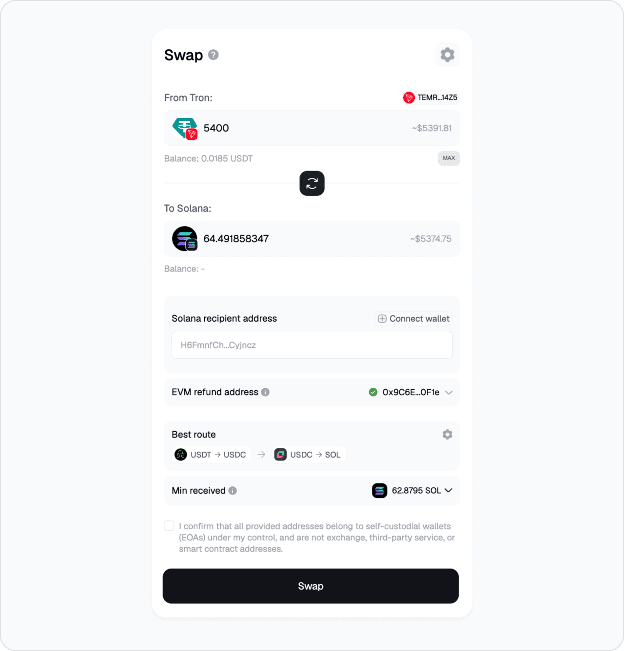 Real user bridge in the Symbiosis app: Tron→Solana, 5,400 USDT → 63.35 native SOL
