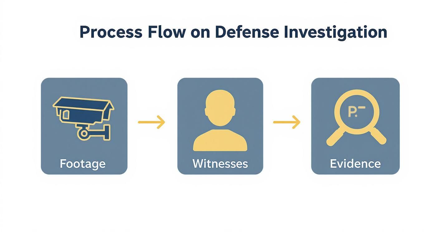 A flowchart illustrates the defense investigation process, showing steps: Footage, Witnesses, and Evidence.
