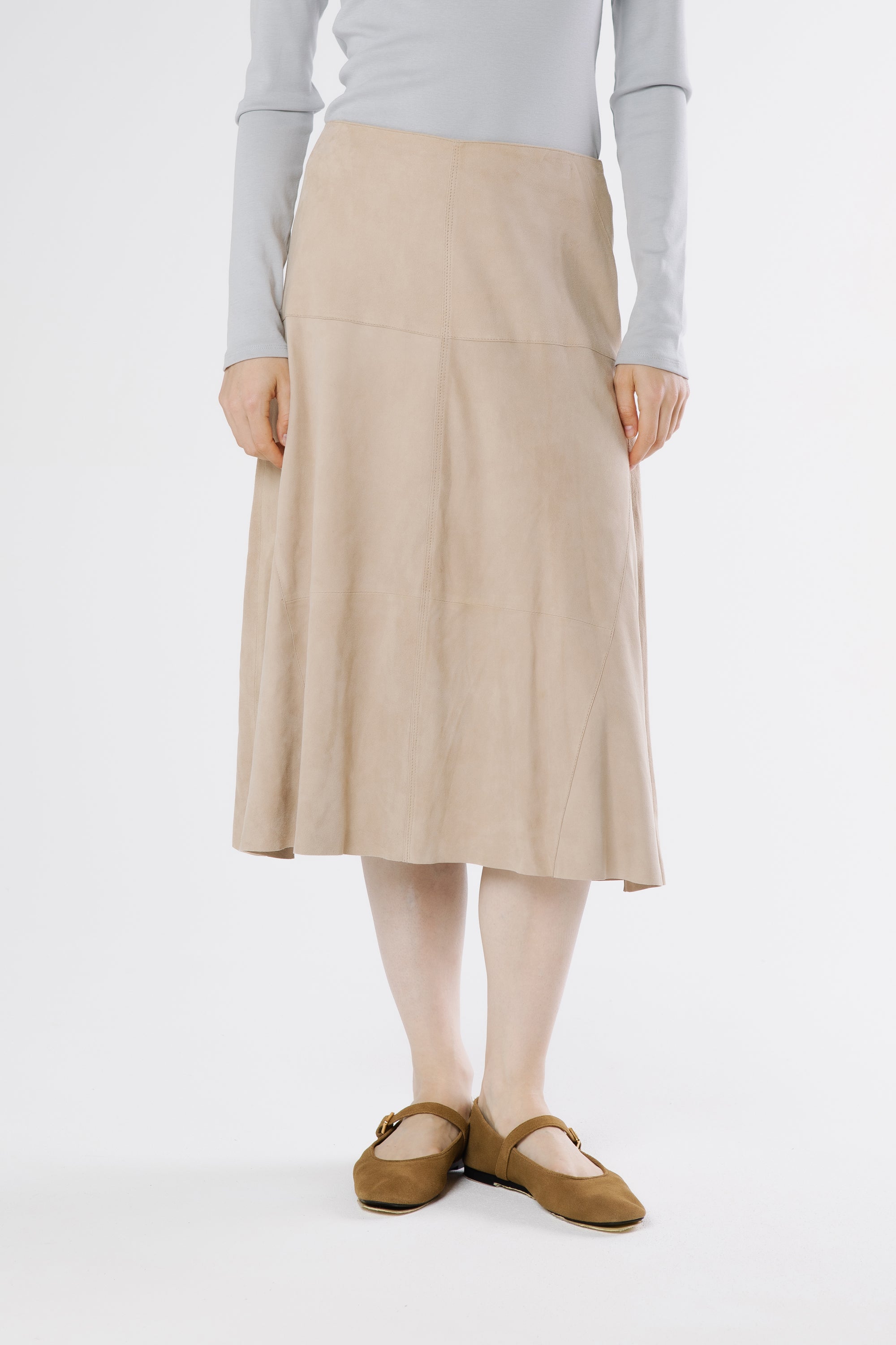 Front view of Milano suede midi skirt in safari tone with soft flare and panel detailing