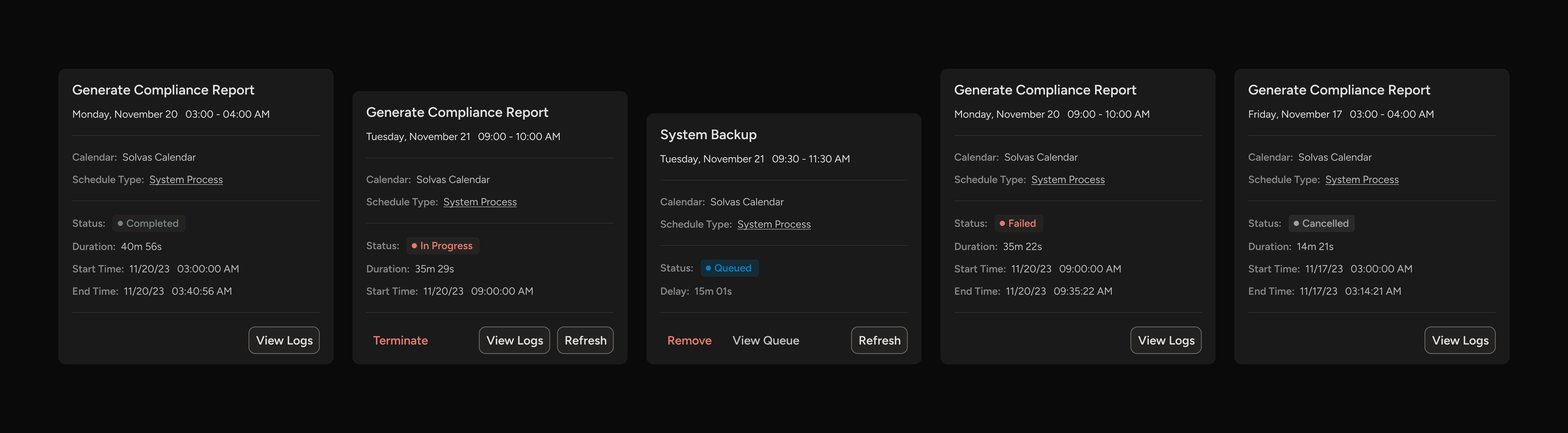 Cards showing different process statuses like completed, in progress, queued, failed, and cancelled with details