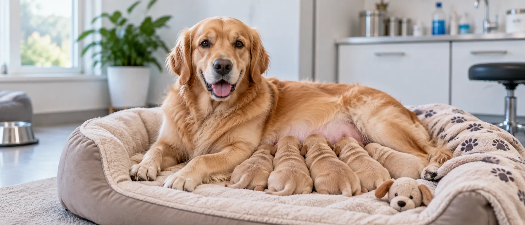 يتحدث الطبيب البيطري مع مالك الحيوانات الأليفة حول فترة حمل كلبه.