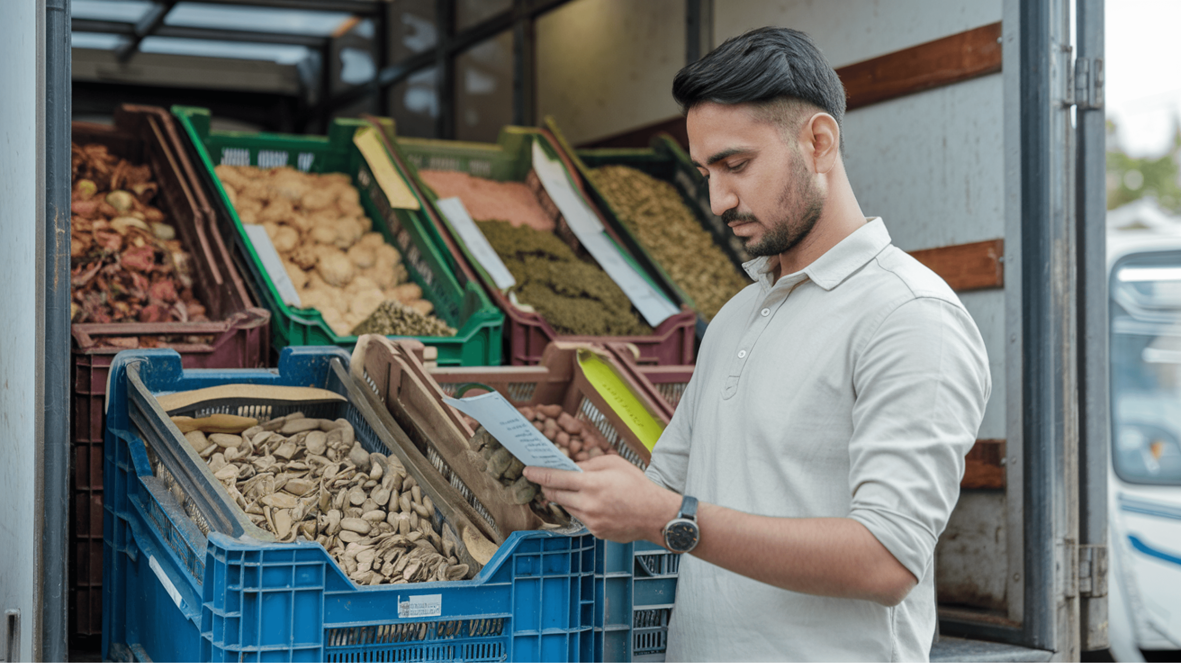 Young man inspecting fresh herbal ingredients in crates near a delivery truck, representing natural ingredient quality control for Ayurvedic pharmacies.