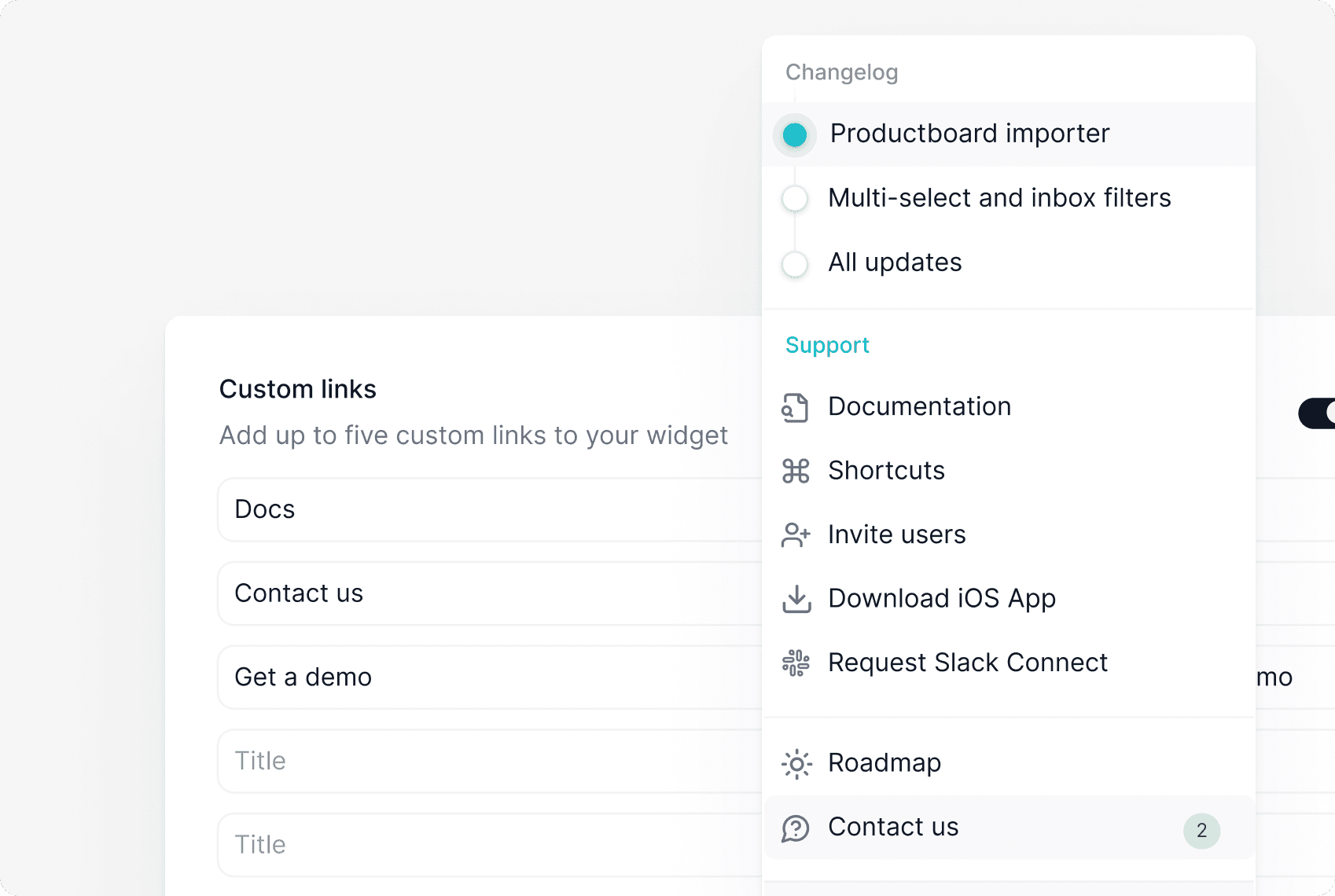 support widget custom links productlane