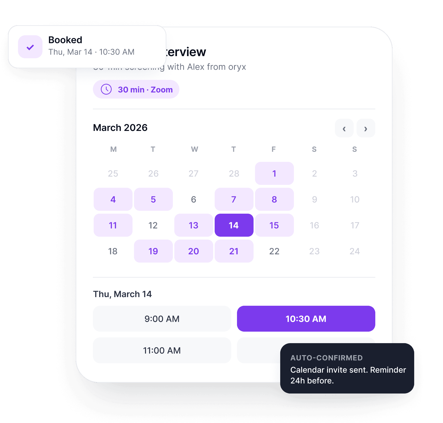 Screenshot of the oryx candidate interview scheduling page showing a calendar booking interface for a screening call