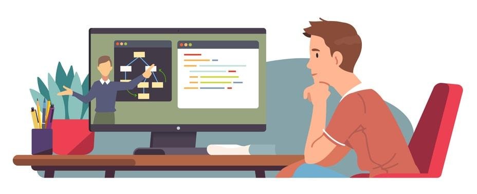 An illustration showing a person learning Python programming basics, highlighting the question of how long does it take to learn Python programming language.