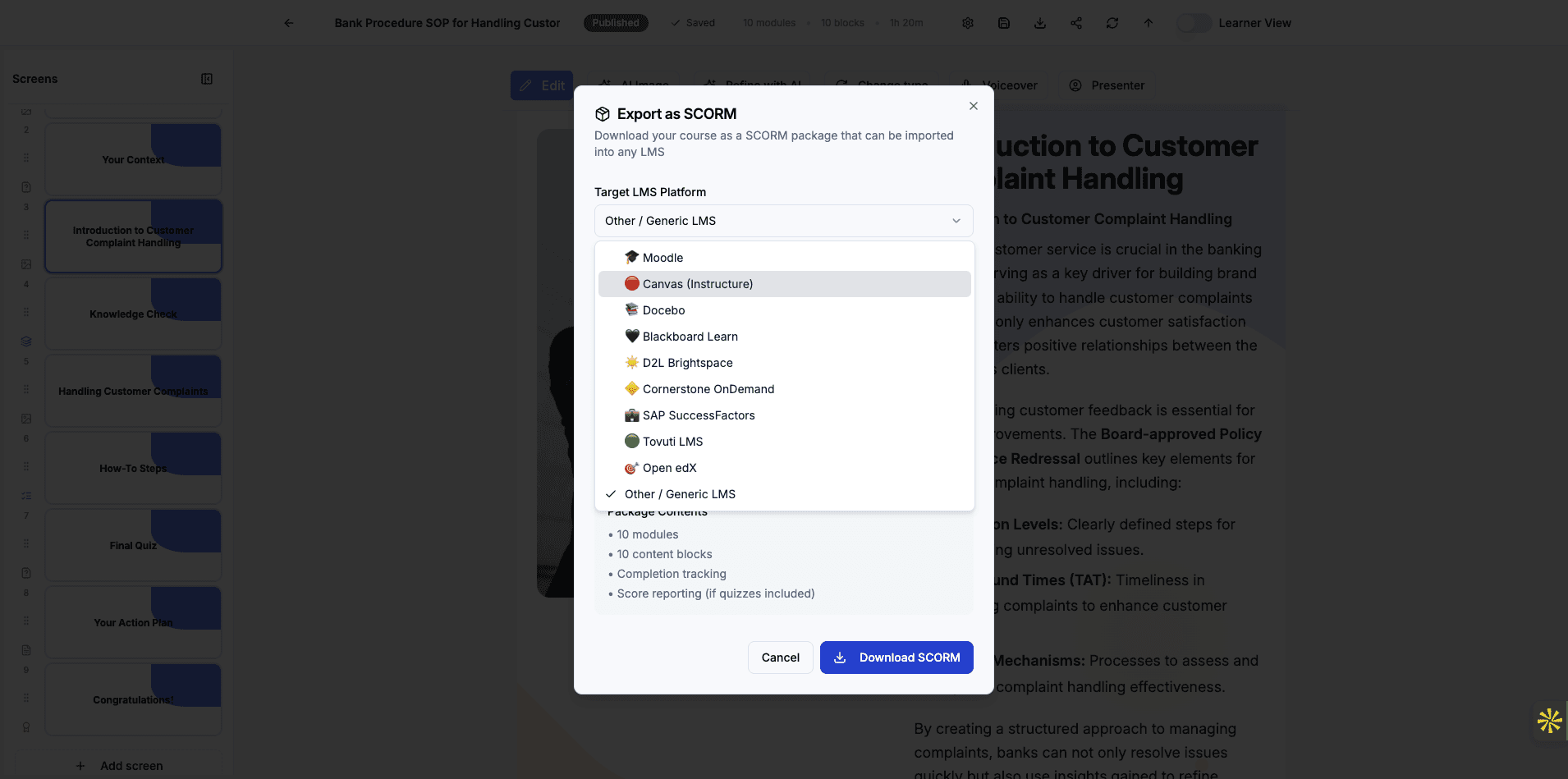 Select Canvas (Instructure) from the LMS list to configure platform-specific export settings.