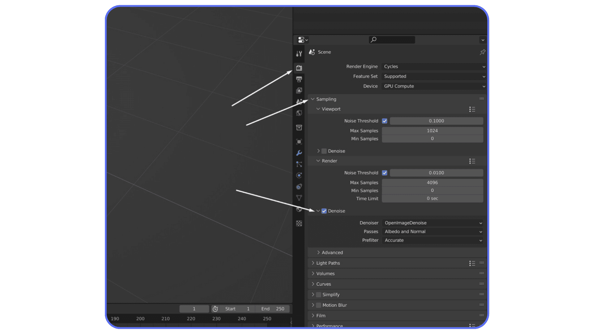 Blender Cycles render settings panel highlighting adaptive sampling and denoising options