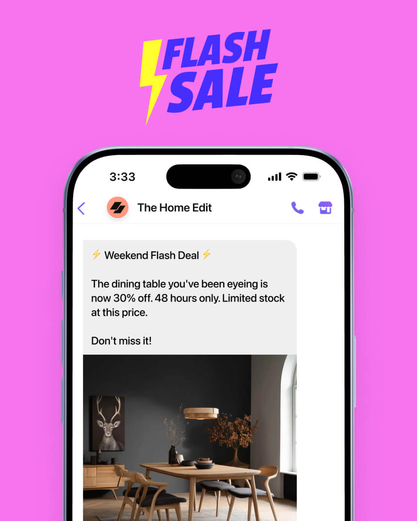 Viber messaging campaign showcasing a flash sale message, targeting women, from a home and garden e-commerce store.