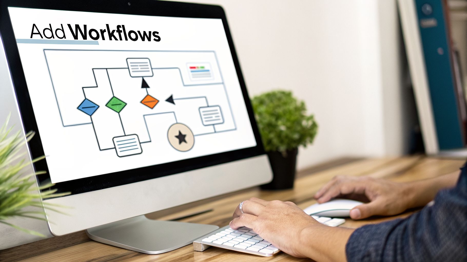 Person using a computer displaying 'Add Workflows' text and a business process flowchart.