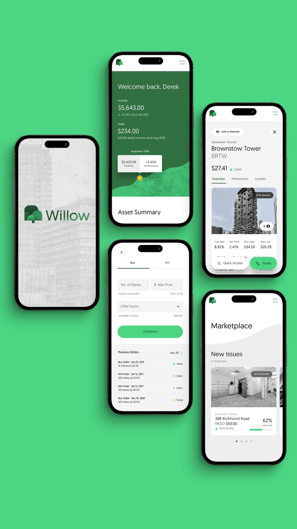 A series of five mobile screens showcasing the Willow app’s interface on a green background. The first screen features the Willow logo with a faint architectural background. The second screen displays a personalized dashboard with portfolio and wallet summaries, including performance metrics. The third screen highlights a property listing for ‘Brownstown Tower,’ detailing key metrics like capitalization rate and share value, with options to trade or explore more details. The fourth screen presents a trade interface, allowing users to input share quantity and price with a history of previous orders. The fifth screen shows the marketplace section, emphasizing ‘New Issues’ with property details such as location, ownership percentage, and reservation status. The design reflects a modern, user-friendly experience tailored for real estate investing.